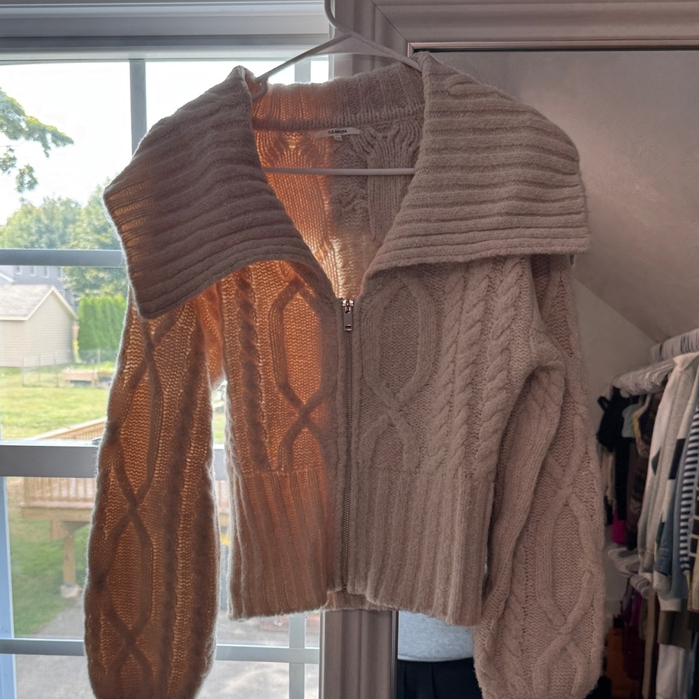 Tularosa Ribbed Cable Knit Cardigan in Tan